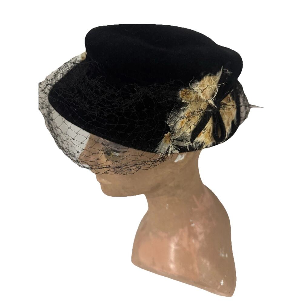Vintage Black Velour Feather Hat Veil Netting Phipps Peachbloom Retro 1950 1960